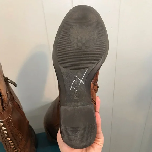 Vince Camuto Brown Leather Factory Distressed Embellished Heel Tall Boots 7.5 B - Picture 11 of 12